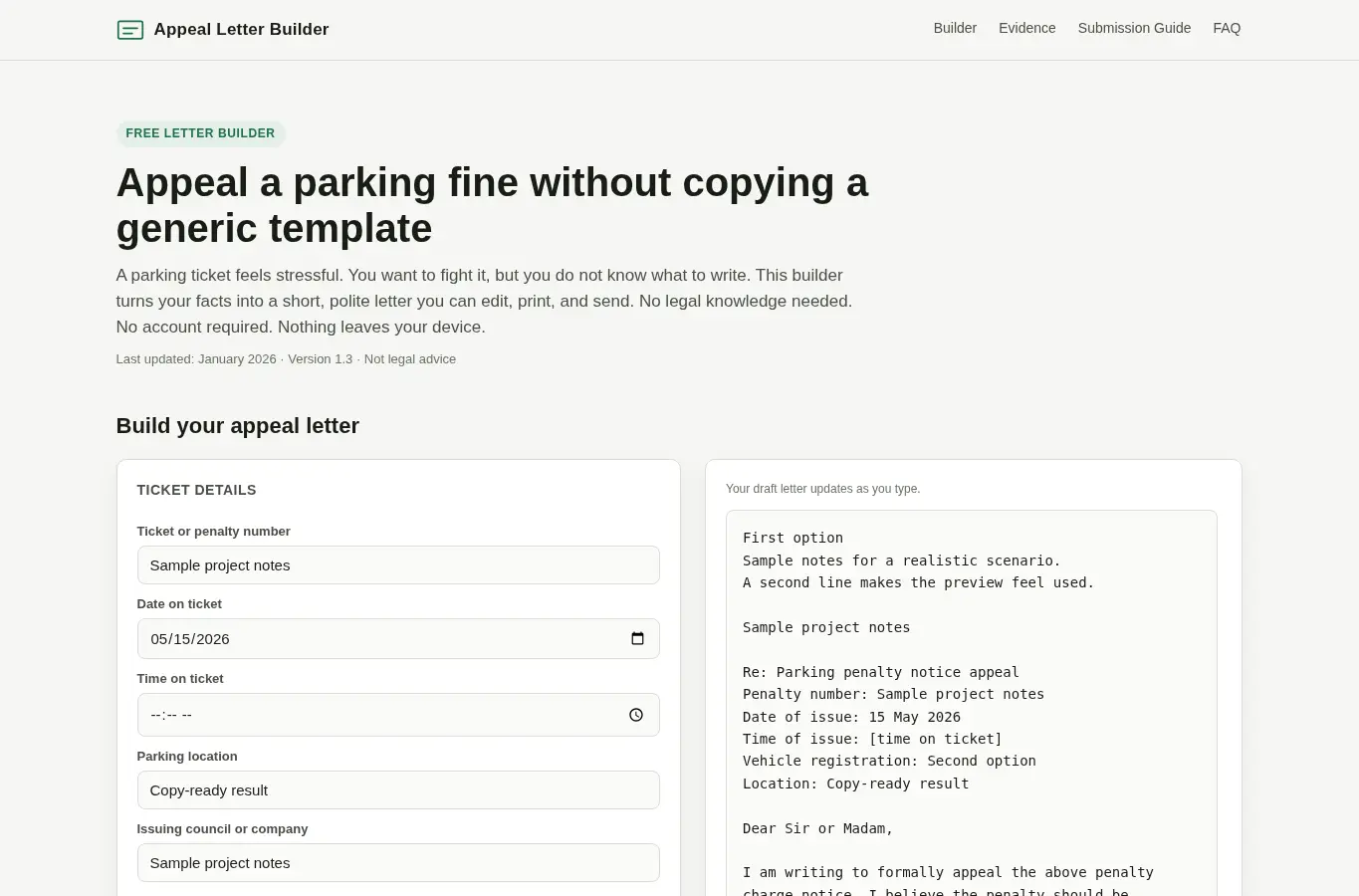 Screenshot of Parking Fine Appeal Letter Builder interface showing the project page in use